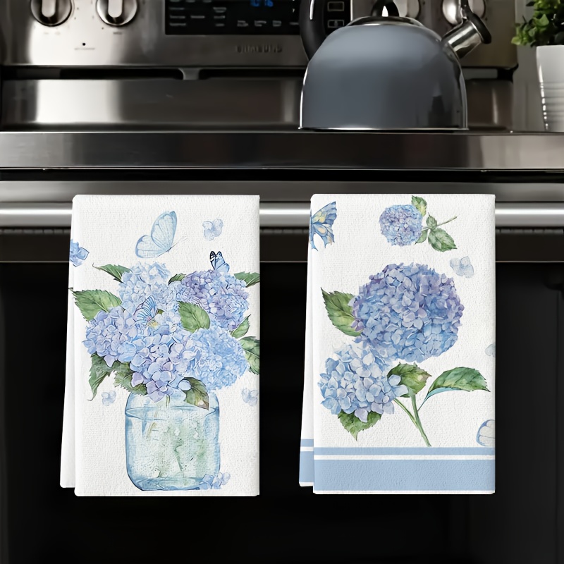 2pcs Blue Floral Microfiber Towels Suitable, Bath & Multi-room Use - Super Soft, Absorbent Dish Cloths, Tea Towels, Hand Towels With Print - Lightweight Housewarming Gifts For, Moms, Neighbors