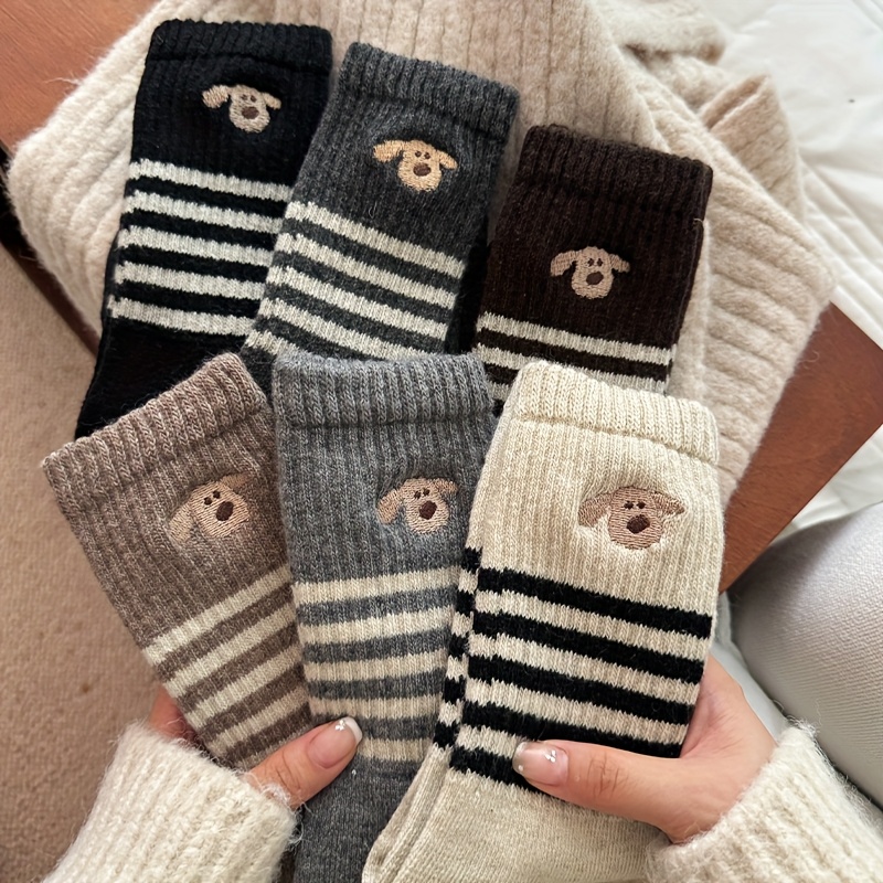 

6 Pairs Of Random Cute Puppy Print Striped All- College Style Comfortable Soft Breathable Skin-friendly Sports Casual Socks