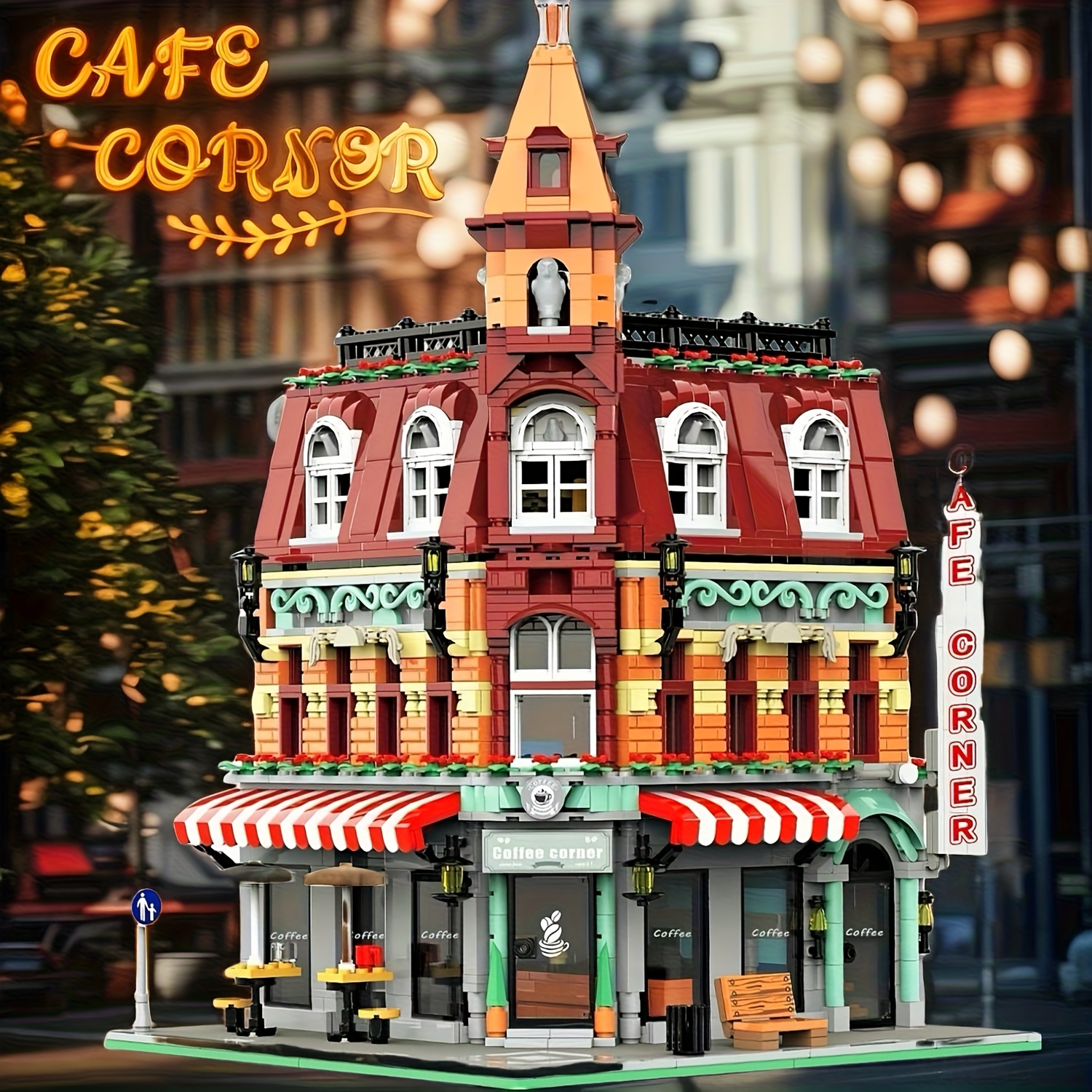 Urban Large Cafe House Building Block Set, Corner Hotel Street Scene Assembly Model, Three-story Building, High-difficulty Assembly, Ideal Independence Day Gift, Christmas, Birthday Gift 1950+pcs