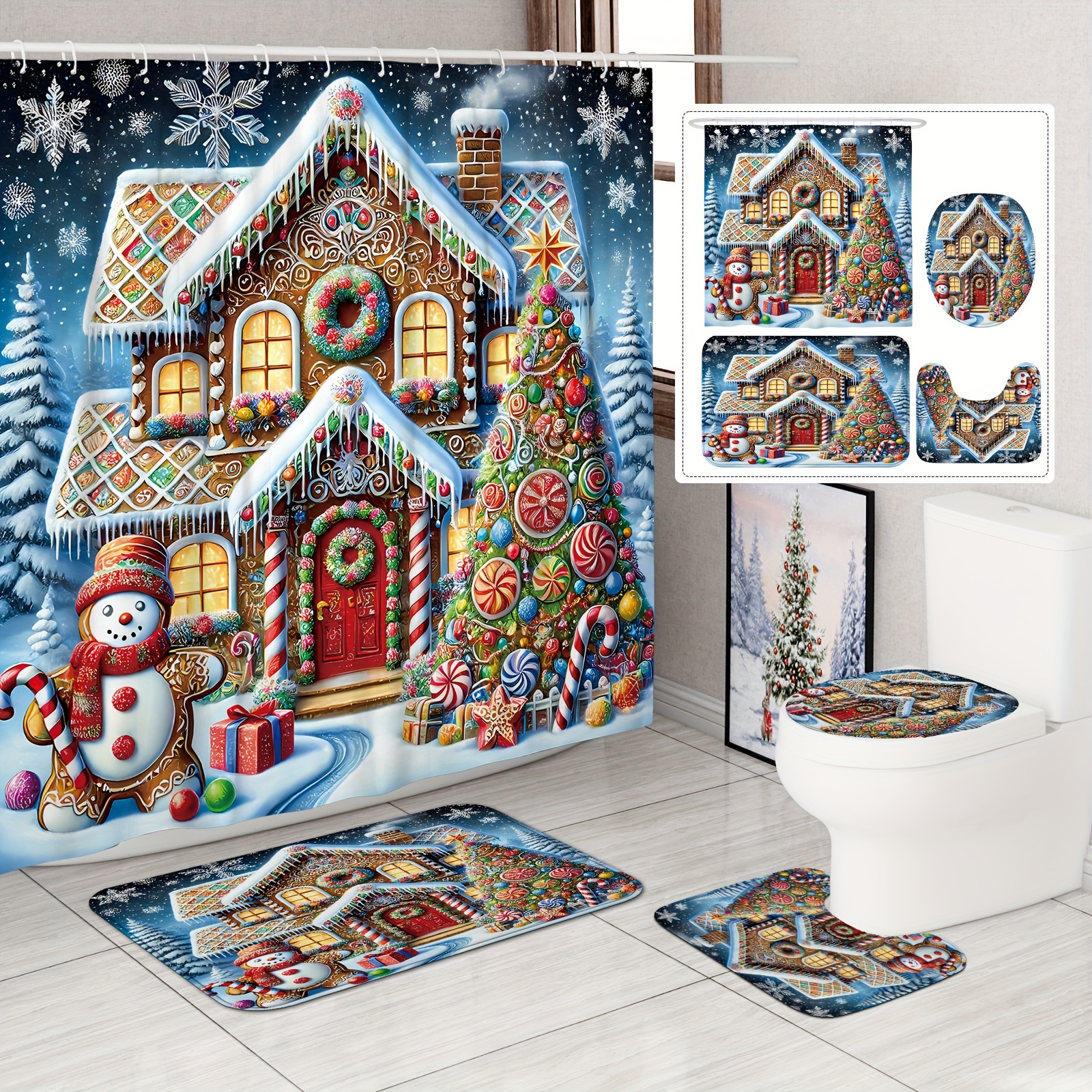 

Festive Christmas Gingerbread House Shower Curtain Set With Non-slip Rugs And U-shaped Toilet Lid Cover - Perfect For Xmas Bathroom Decor