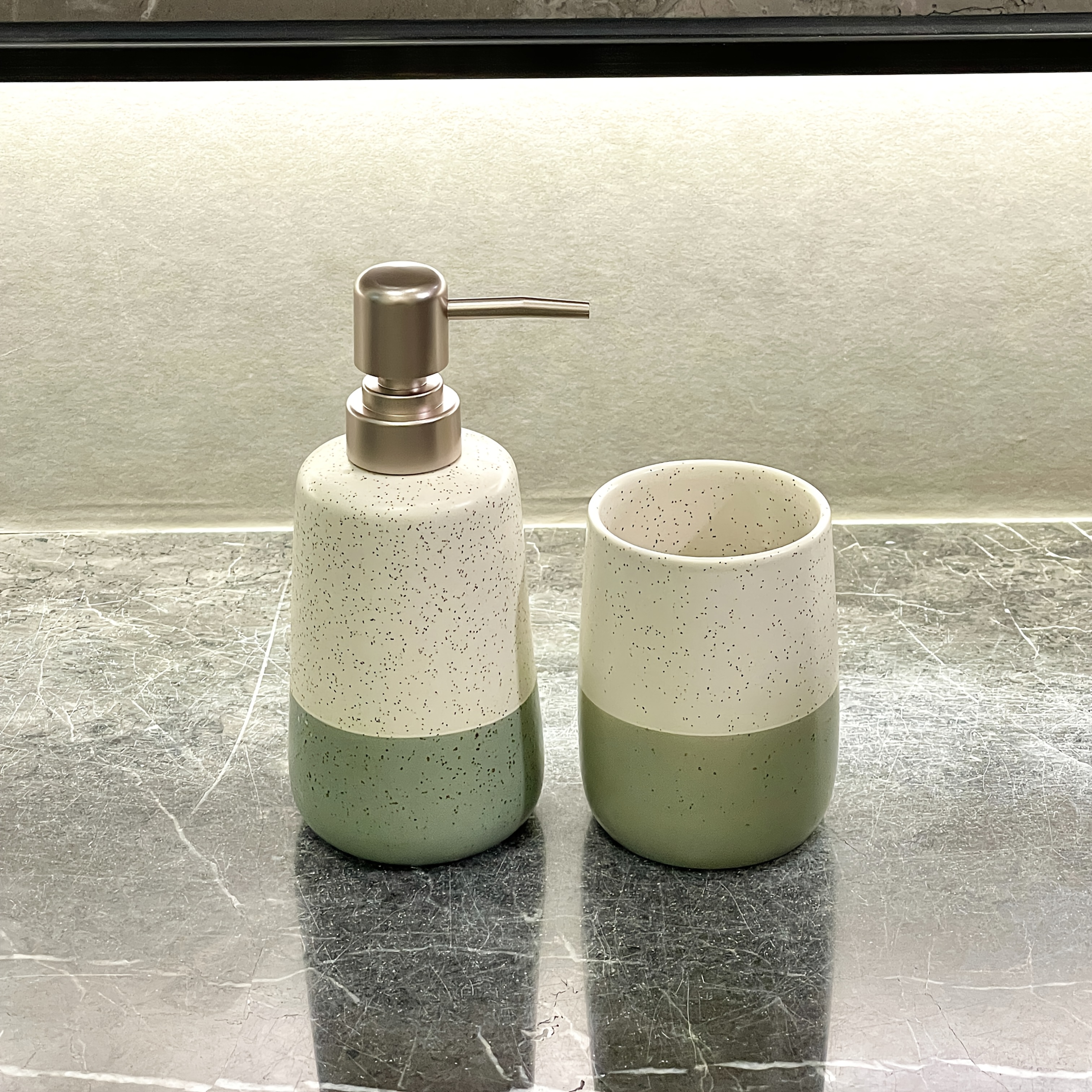 2pcs Modern Minimalist Ceramic Soap Dispenser & Toothbrush Holder Set - Freestanding Bathroom Organizer With Refillable Bottles, & Green Marble Design