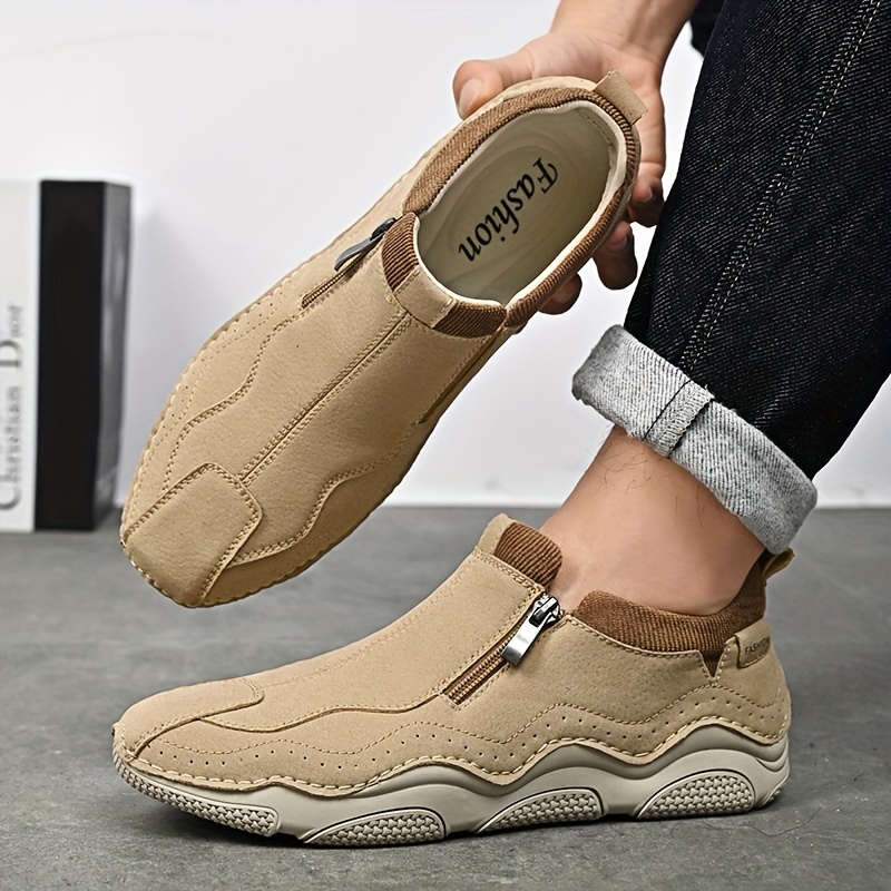 mens slip on casual sneakers breathable synthetic upper non slip rubber sole comfortable fabric lining zipper detail beige   outdoor sports casual attire 1