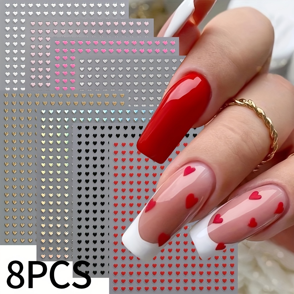 Image of Set Of 8 Nail Art Stickers | Self-adhesive Colorful 3d Heart-shaped Nail Decals For Valentine's Day Manicure Decoration