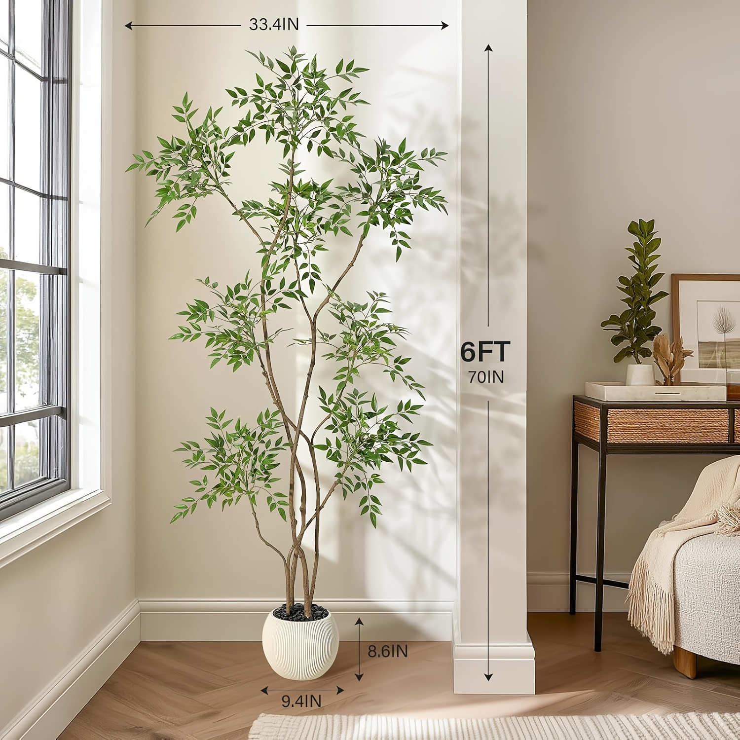 TEMU 5/6/7ft Tall Realistic Artificial Floor Plant With Grey Pot - Faux Tree Suitable For Home, Office, Living Room Decor - Low-maintenance Indoor/