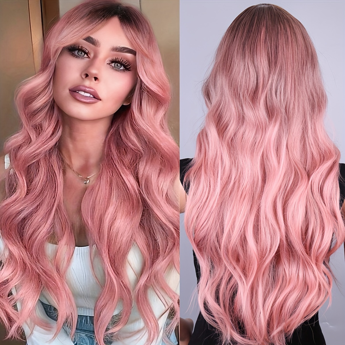 TEMU Pink Wig Long Wave Wig Ladies Long Curly Hair Wig With Bangs Synthetic Heat Resistant Cute Wig Daily Cosplay Cosplay Wig