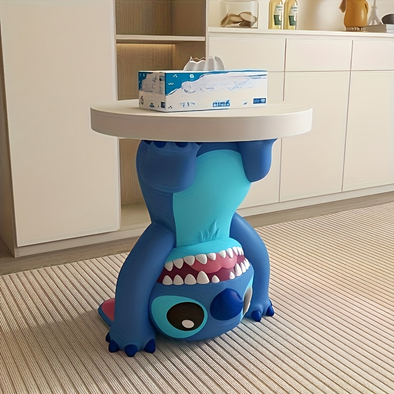 Stitch-Themed Coffee Table - Cute Blue Creature Design with White Cup And Saucer, Durable Plastic Edge, No Assembly Required, Perfect for Living Room Or Bedroom