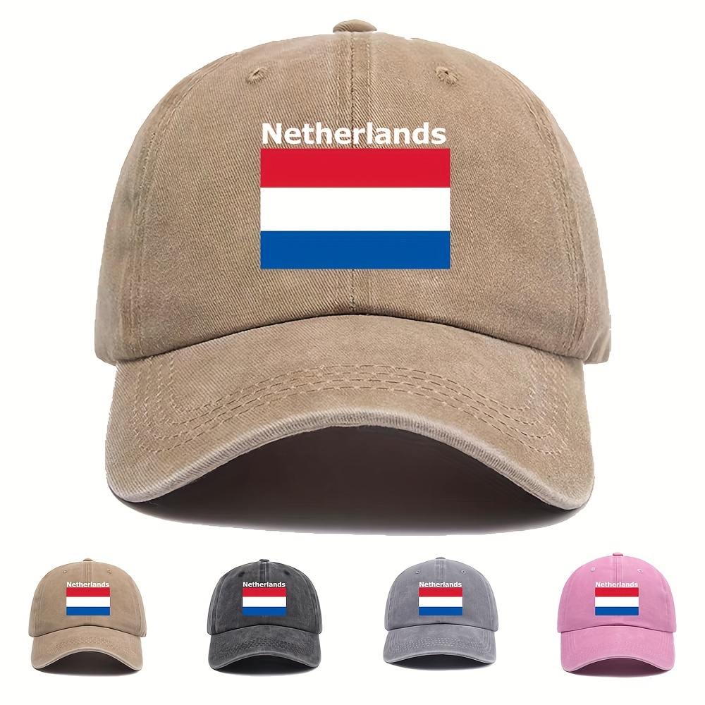 

Vintage Washed Cotton Dad Cap With Adjustable Soft Top And Curved Brim, Featuring The Netherlands Flag Design - Perfect For Casual Outings And Outdoor Activities