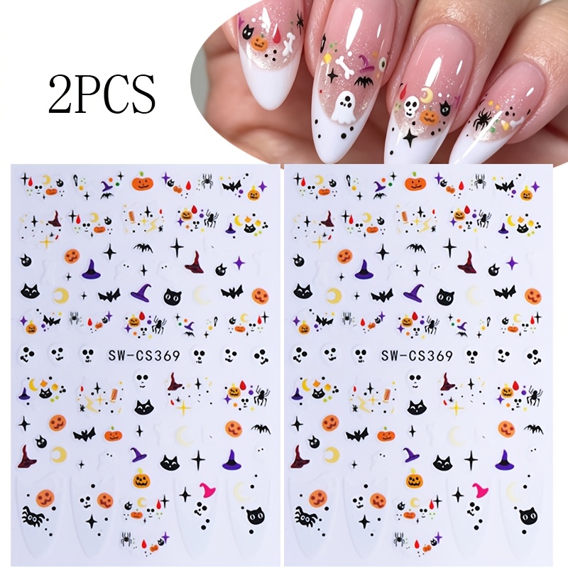 TEMU 2 piezas Adhesivos de manicura francesa de Halloween, y originales, mini adhesivos autoadhesivos de uñas de dibujos animados, calabaza, gato