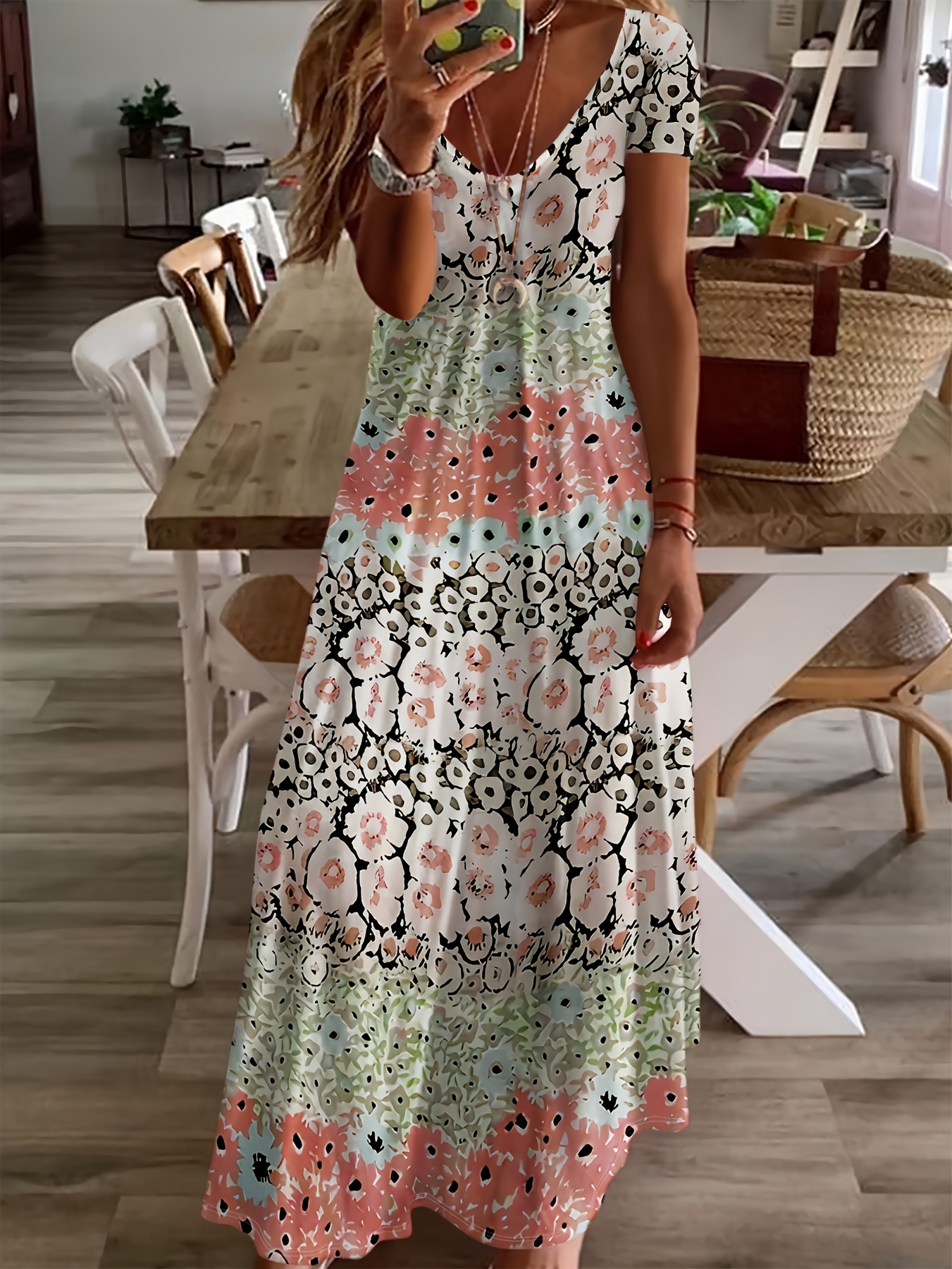 Women's Floral Print V-Neck A-Line Maxi Dress - Short Sleeve Casual  Vacation Dress with * * Machine Washable & Breathable Fabric for Beach * *  Picnics, Picnic Clothing | Vibrant Fashion | Flowy ...