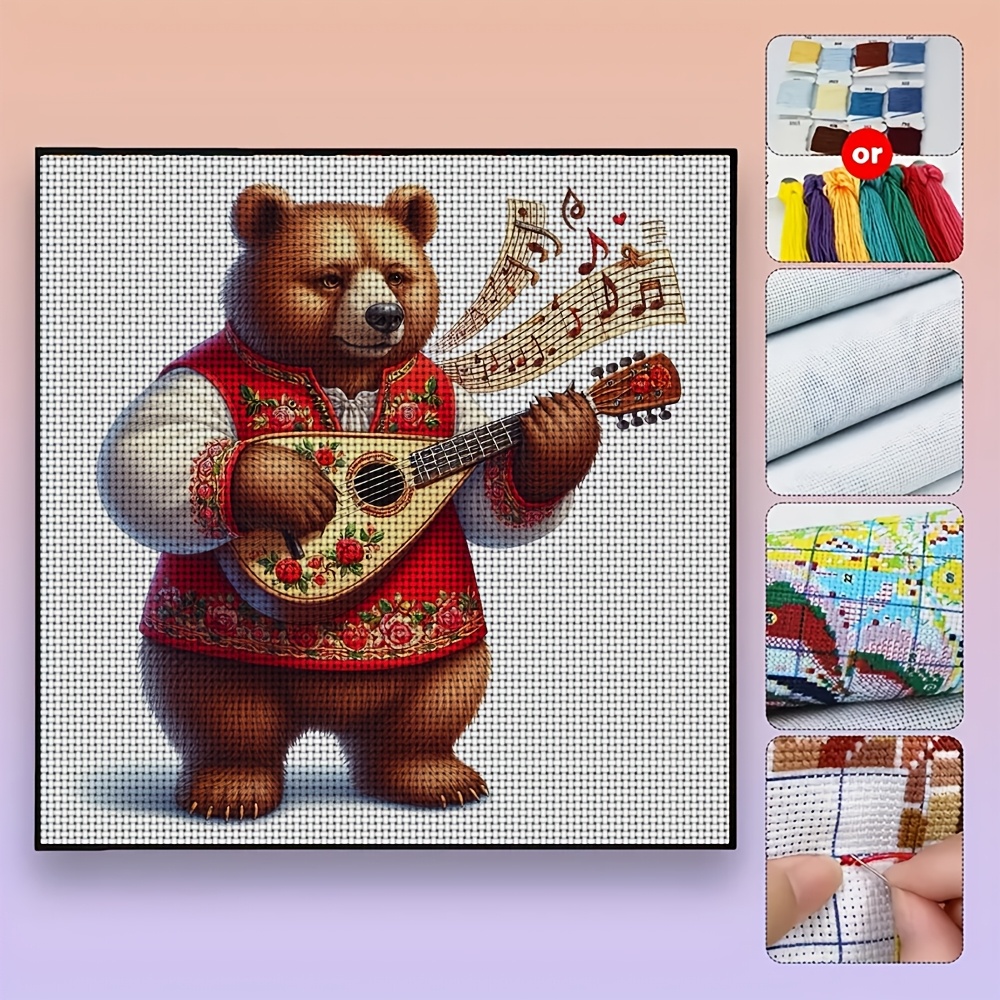 DIY Cross Stitch Kit, Frameless, Brown Bear Playing Music Pattern
