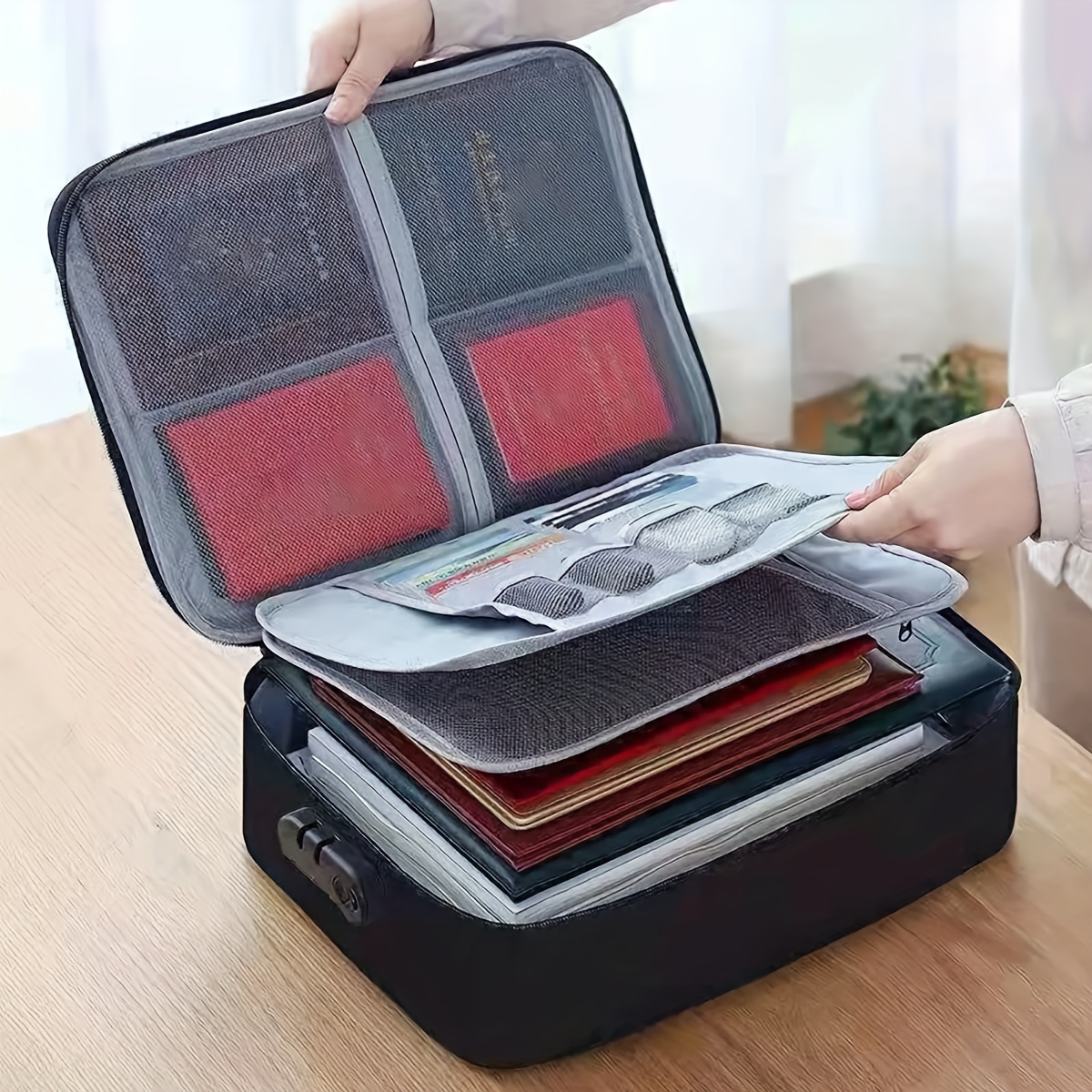 TEMU Large Capacity Document Organizer Briefcase: 3-layer Folder Holder, Waterproof, Lightweight, And Secure For Men And Women - Perfect For Travel And Home Storage