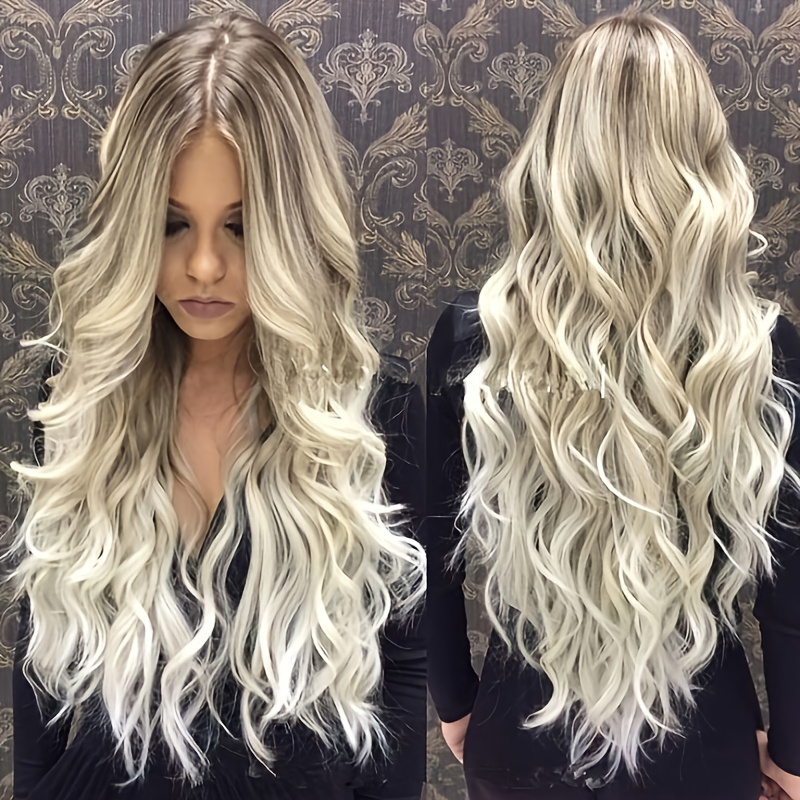 TEMU 28-inch Women's Stylish Gradient Platinum Blonde Long Curly Wig Made From Chemical Fiber, Featuring A Rose And High-temperature, Perfect For