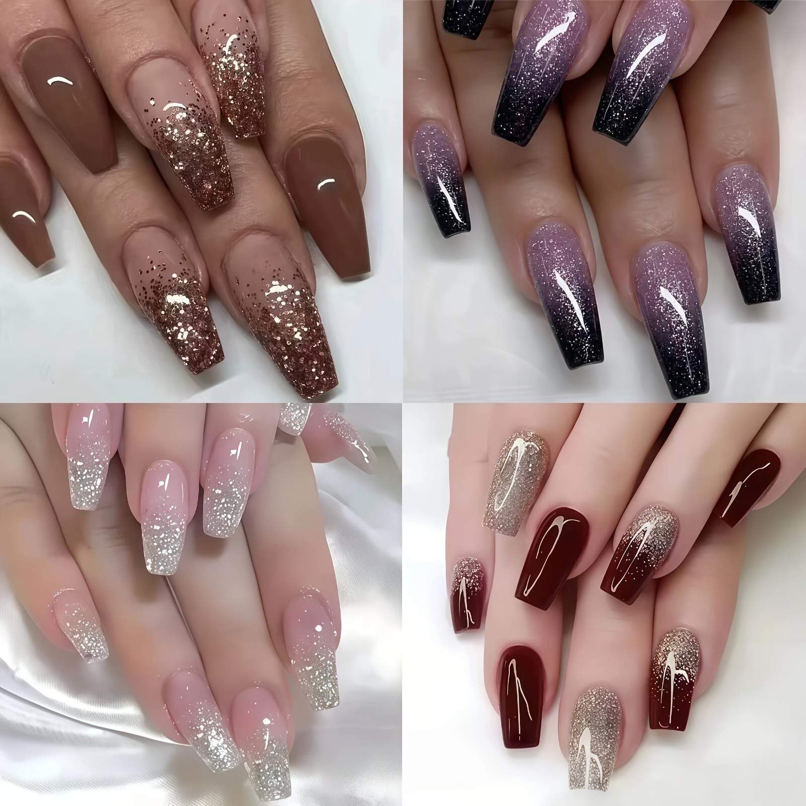 E-shop [Glitzer Press-On Nails] 96 Stück Glitzer Lange Ballett Form Press-On Nails Set, Weiche Gel Falsche Nägel für Frauen, Acryl Wiederverwendbare