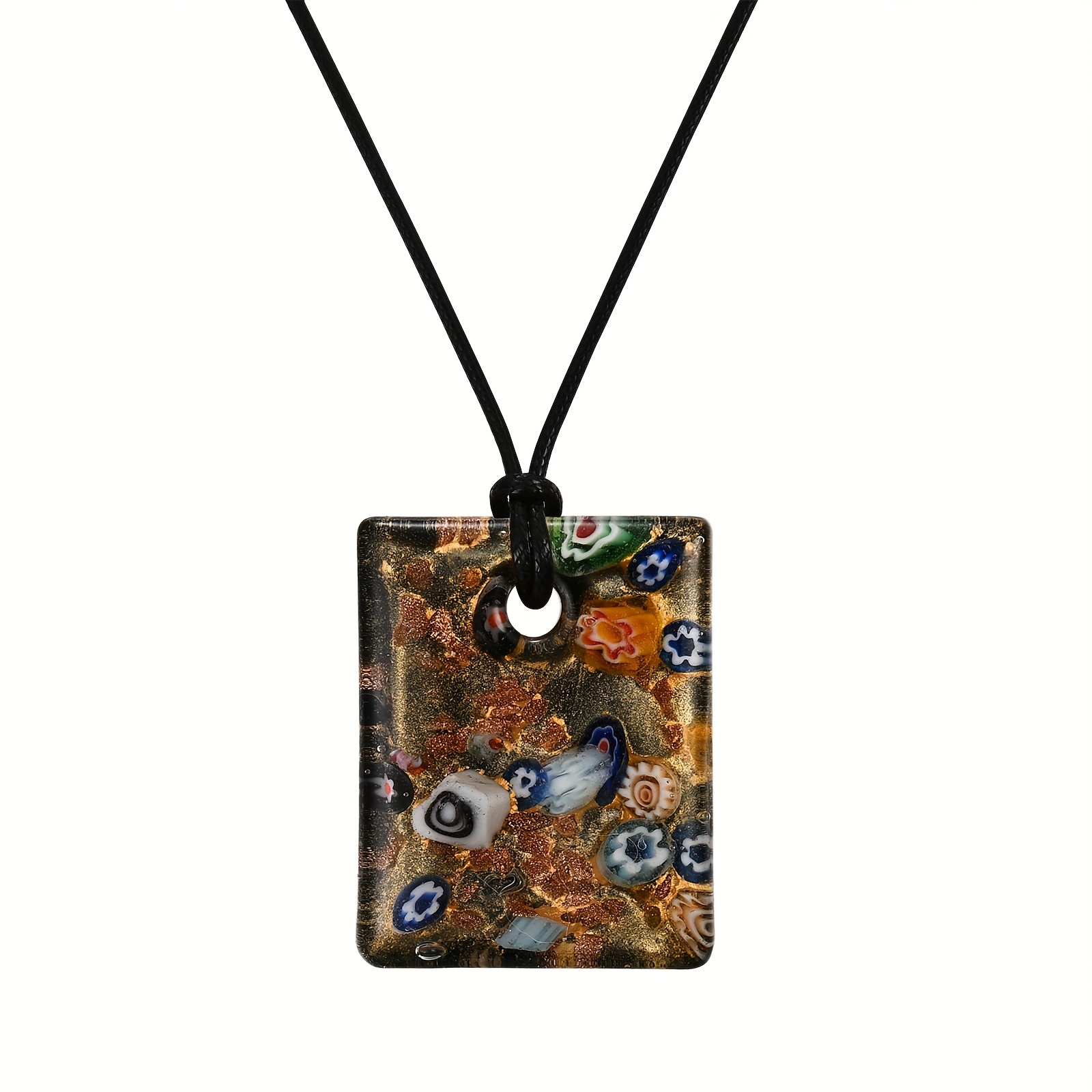 Hand-Fired Floral Pattern Square Glass Pendant Necklace