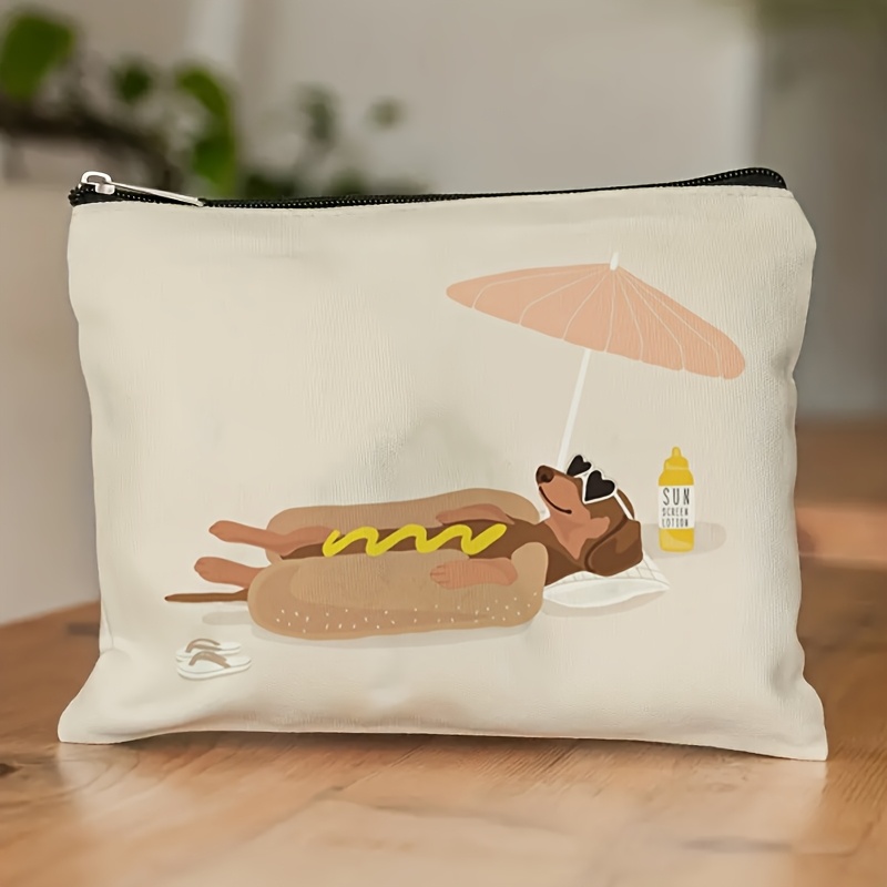 TEMU 1pc, Humorous Beach Hot Dog And Sausage Dog Pattern Makeup Bag, Durable And Non-fading Zipper Bag, Lightweight And Foldable Travel Storage Bag,