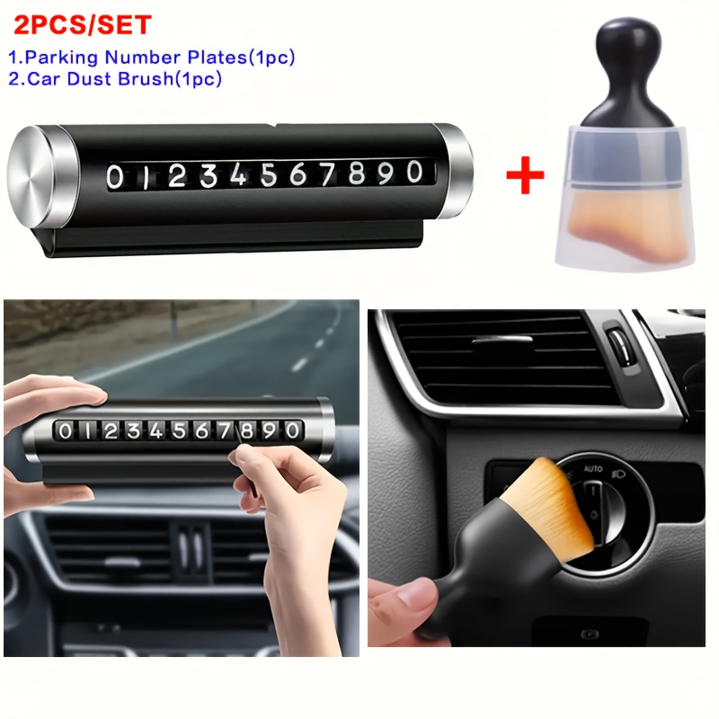 TEMU 2pcs/set Temporary Parking Plate Card + Car Dust Cleaning Brush, Vehicle Number Plate With Rotating Phone Number Display, Parking Notice Plate -