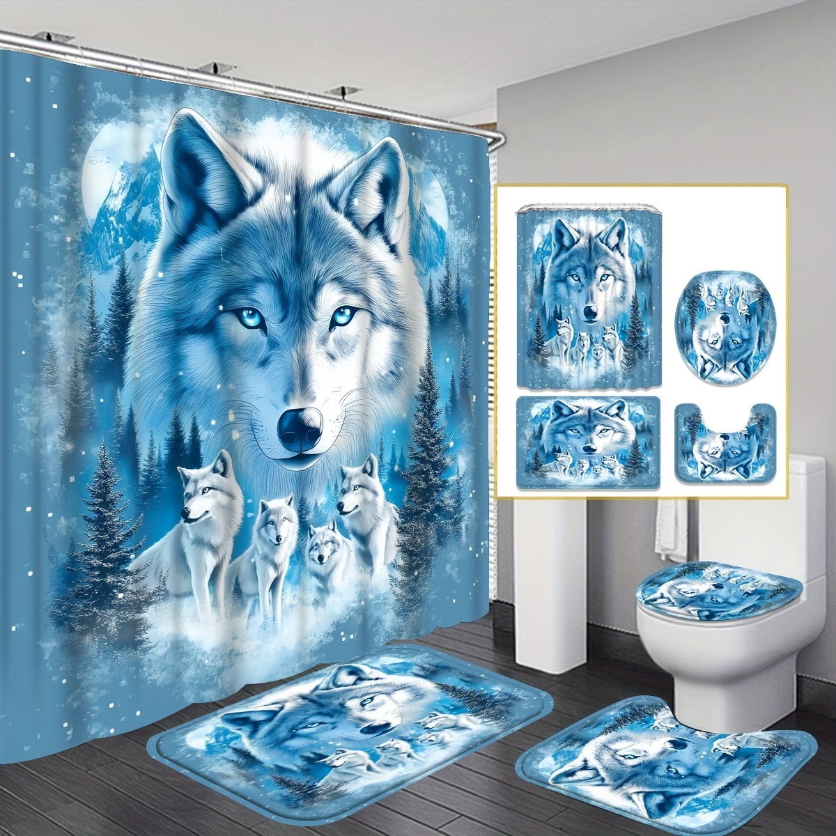 

1/4pcs Wolf Bathroom Set, Pattern Bathroom , Washable Shower , , 12 And 3pcs Toilet Mat Set