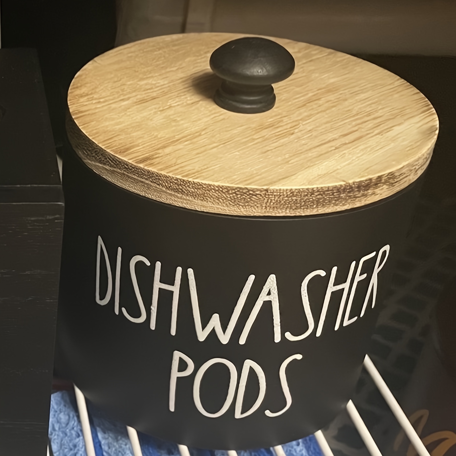 TEMU Rustic Wooden Round Dishwasher Detergent Holder With Lid - "dishwasher Pods" Label, Ideal For Laundry Powder Storage, Kitchen Decor Accessory,