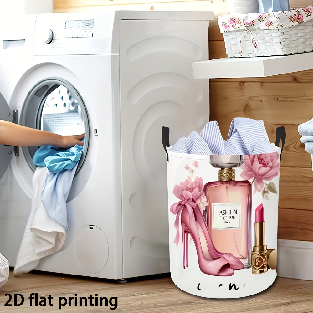 TEMU 1pc, Laundry Basket, Pink Perfume High Heels Lipstick Bouquet Pattern, Suitable For Bedroom Laundry Room Dormitory Storage Basket, Round Laundry