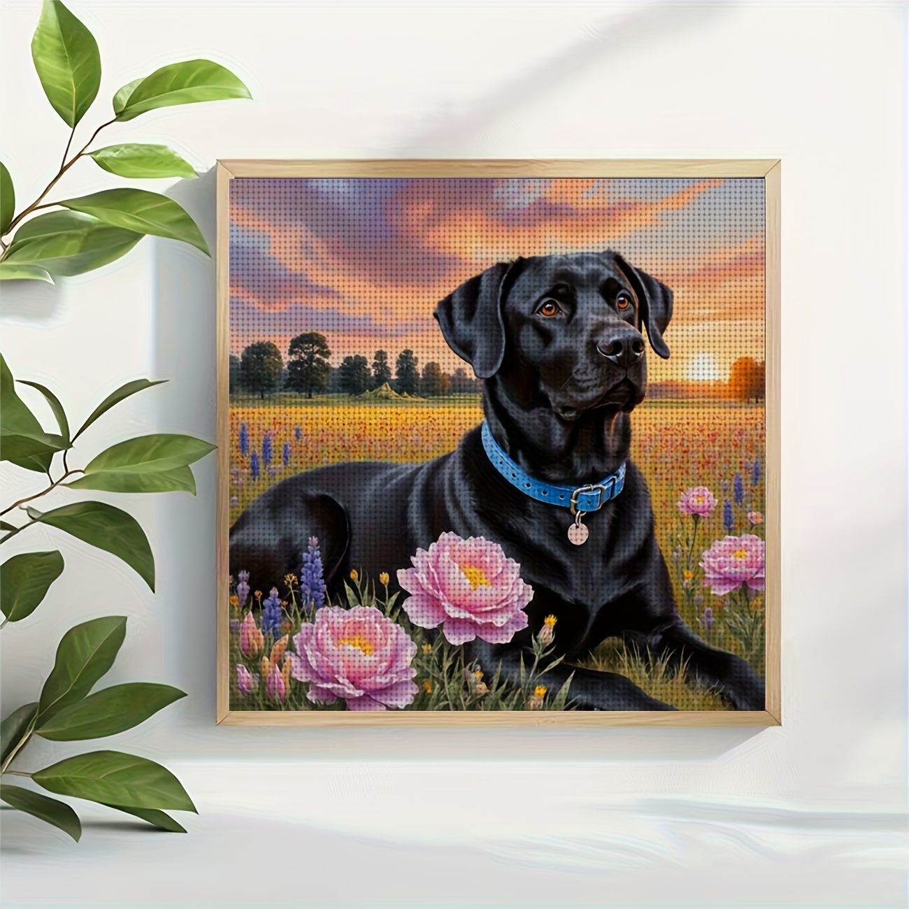 DIY Cross Stitch Kit, Black Dog Lying in Flower Field at Sunset Pattern