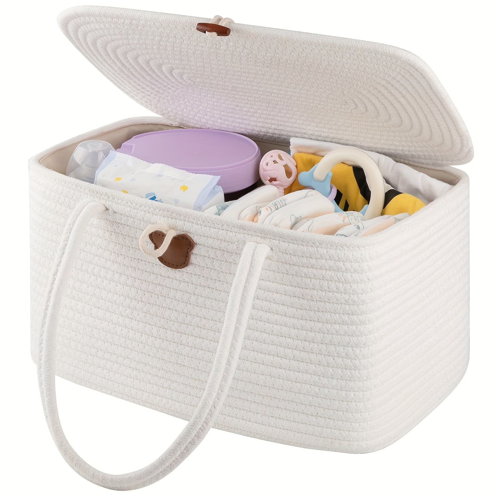 A White Flip-Top Woven Storage Basket for Products, Including Diaper Storage, Bottle And Formula Storage, And Multifunctional Organization.