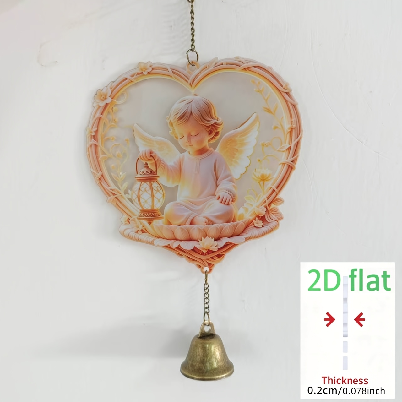 Image of Heart-shaped Wreath Lantern Little Wind Chime Ornament, Featuring An Exquisite Heart-shaped Carved Border With Branches. A Seated Little Atop A For Lotus Holds A Glowing Lantern, A Soft And Warm