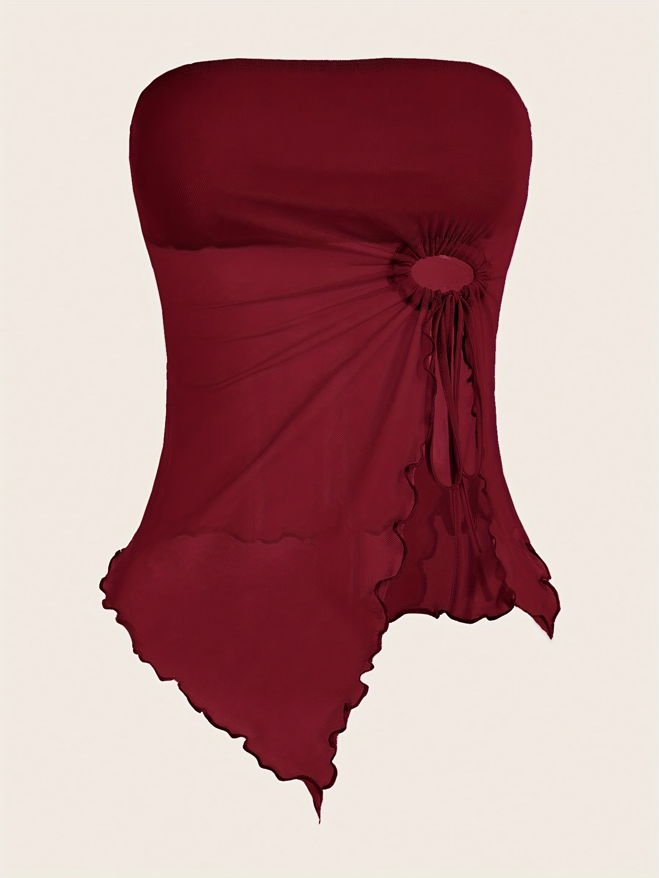 Y2K Asymmetrical Hem Strapless Top with Ruched Detail & Side Tassel - High Elasticity Burgundy Solid Color Women's Fashion Top for All Seasons, Casual Outfit, Trendy Style, Soft Material, Stylish Blouse, Women