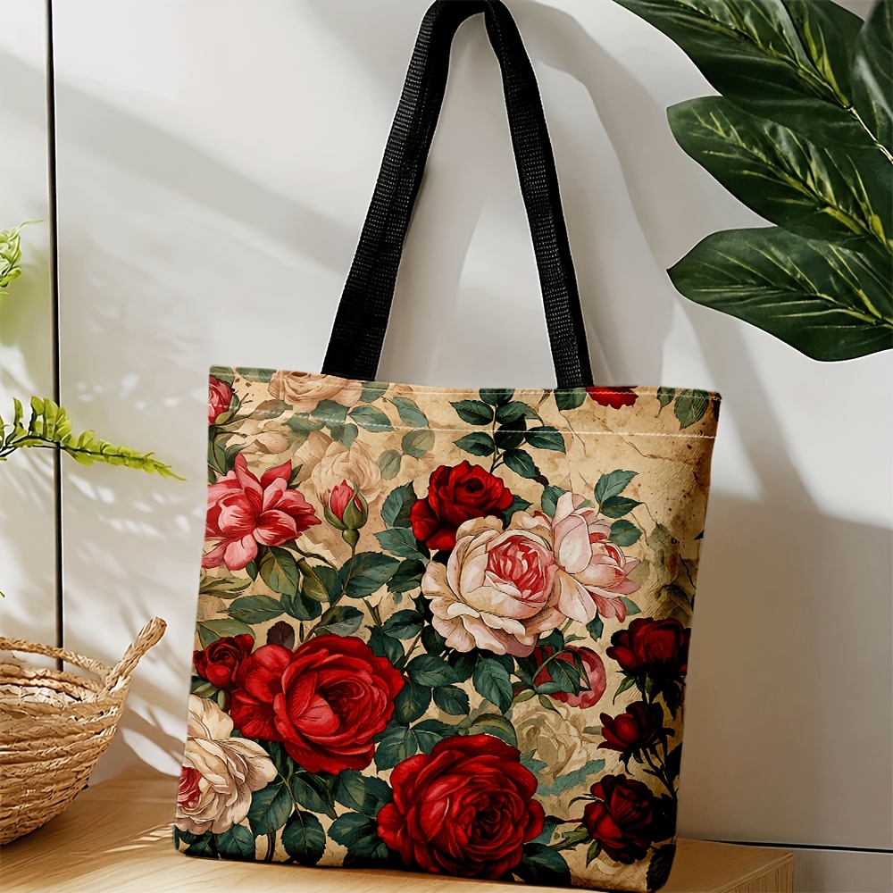 TEMU Sac à bandoulière et sac à main unisexe à imprimé floral de roses vintage pour homme et femme - Cabas de grande capacité adapté aux quotidiens,