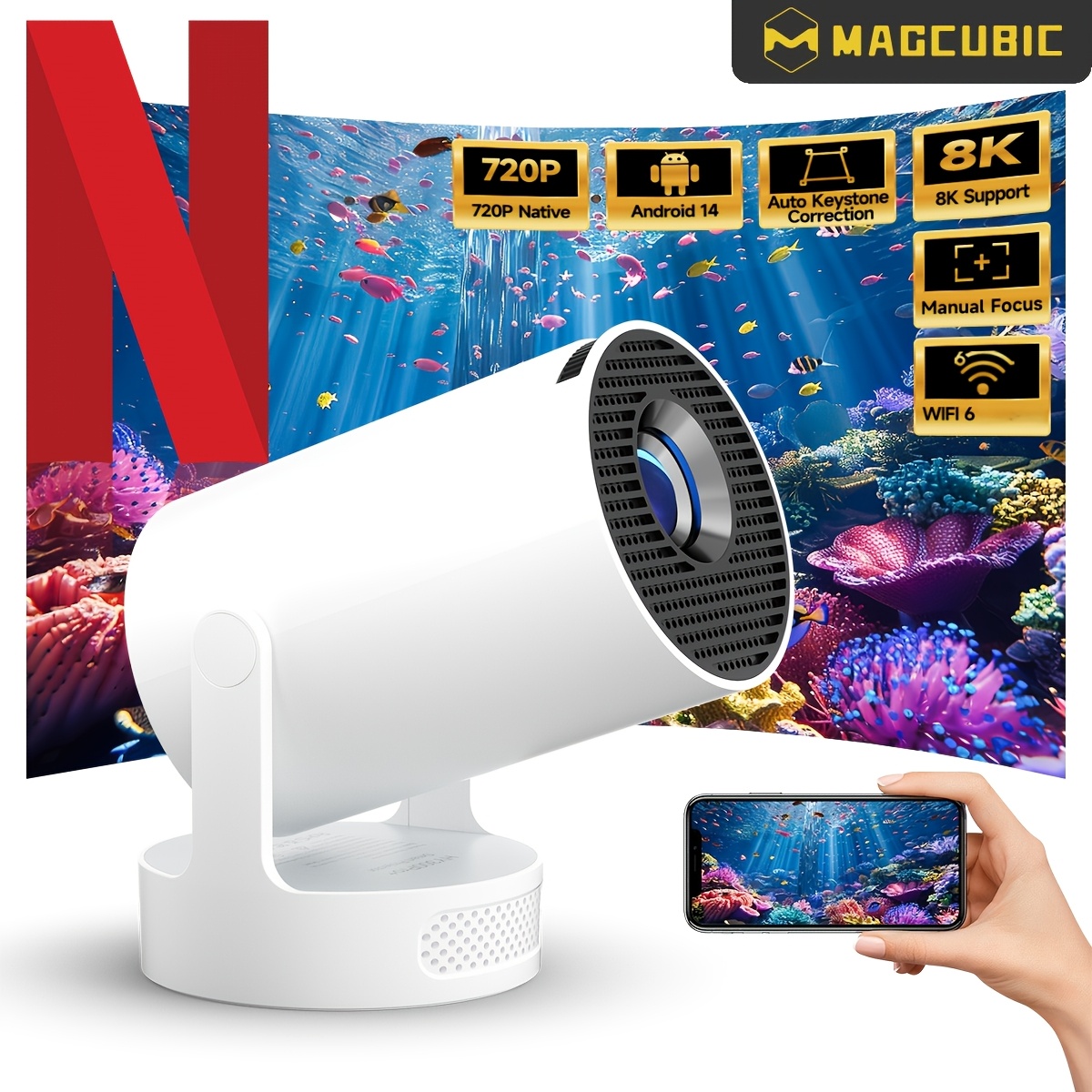 Magcubic 14 Projektor Hy300Pro+ 180° Fleksibilen Rotacijski Projektor Local 720P Podpora 8K BT5.2 H726 Procesor 330ANSI s Samodejno Korekcijo