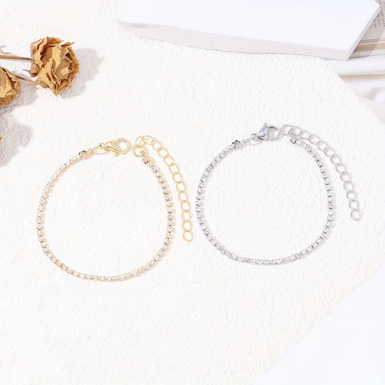 E-shop 2 Stück Damen Armband Set, Modisches Minimalistisches Edelstahl Strass Kettenarmband, Täglicher Schmuck Accessoire für Pendler