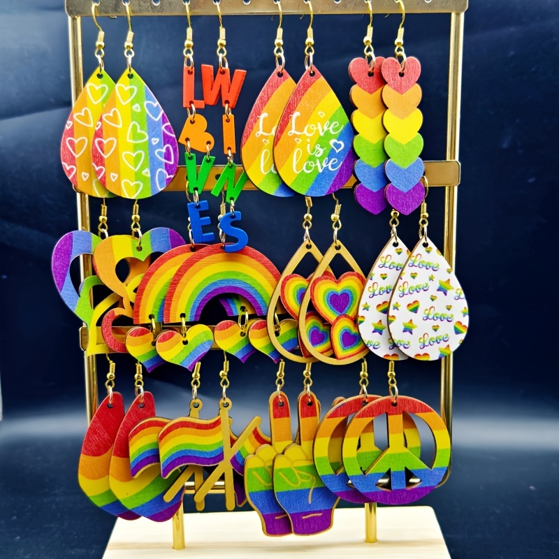 6/12 Pairs Rainbow Theme Wooden Earrings Set, Bright Designs