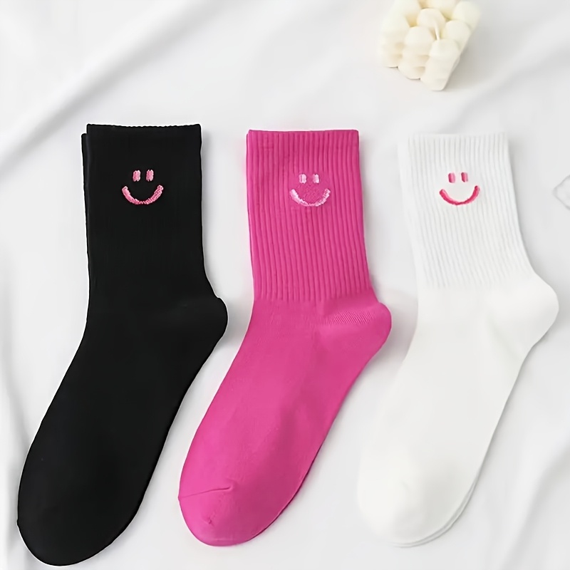 E-shop 3 Paar einfarbige Socken mit lächelndem Gesichtsmuster, Wadenlänge, Preppy-Stil, lässig, atmungsaktiv, bequem, All-Match-Fashion, neue