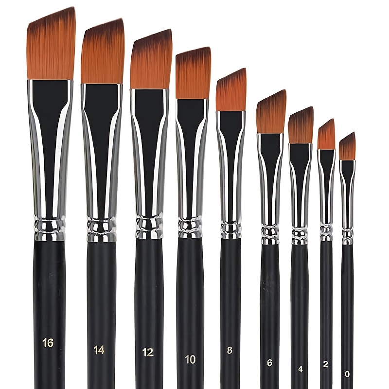 TEMU 9pcs Professional Angled Paint Brushes With Tip Nylon Hair & Long Spiked Handle - Heavy-duty Suitable For Acrylic, Watercolor, Gouache, Oil
