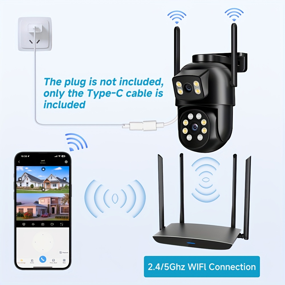 Двойна леща WiFi камера за сигурност, Външна безжична камера за наблюдение с двупосочен аудио, Интелигентно автоматично проследяване, AI детекция на хора, Цветно нощно виждане, 355° панорамиране и 90° наклон, Управление чрез приложение, Захранване чрез USB, IP65, Пълно решение за домашна сигурност