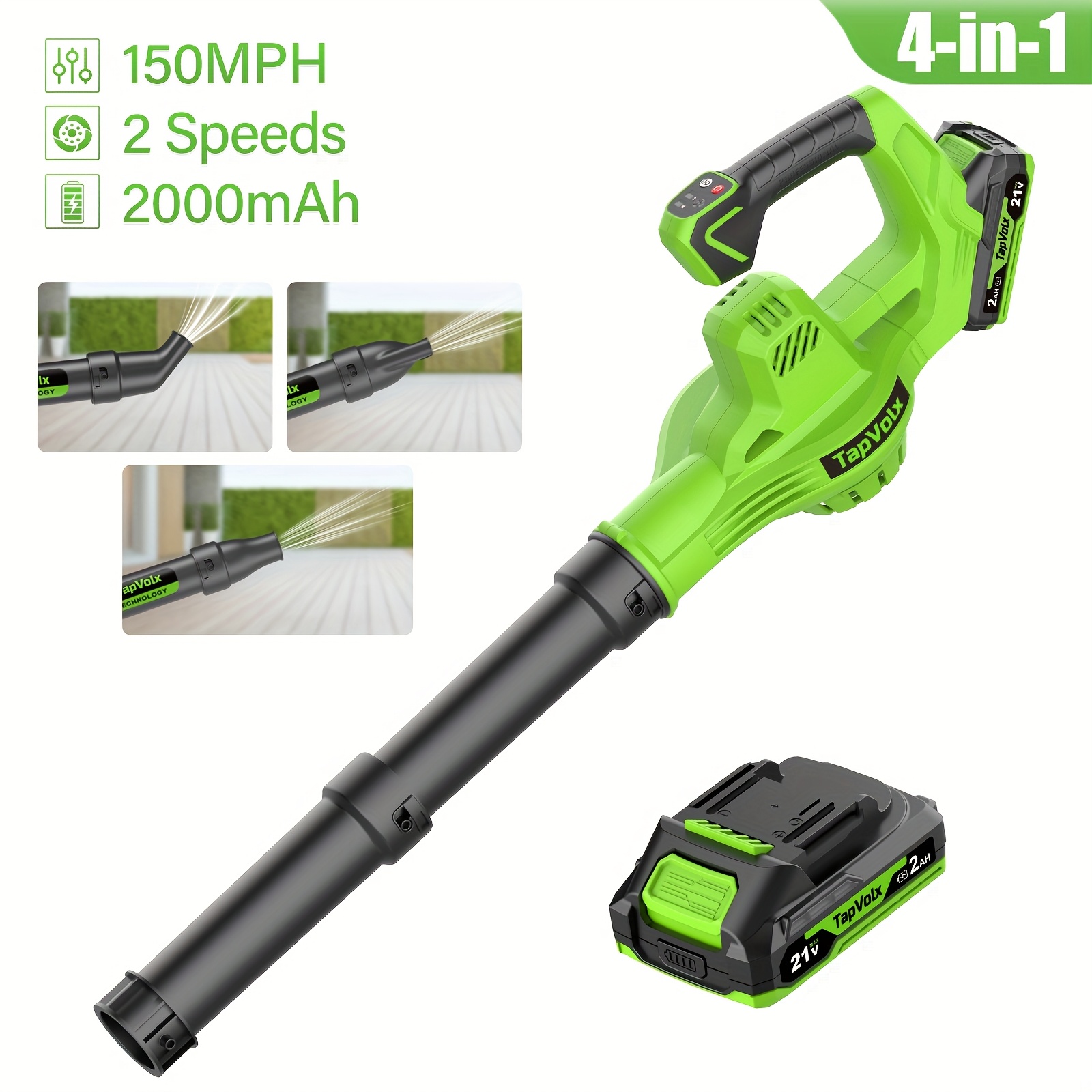 TEMU Souffleur Électrique Fil 21V - Léger avec Charge Rapide, Multi-Buse 4-en-1, Puissant à 150MPH, Design Compact pour Pelouse, Jardin, , Terrasse -
