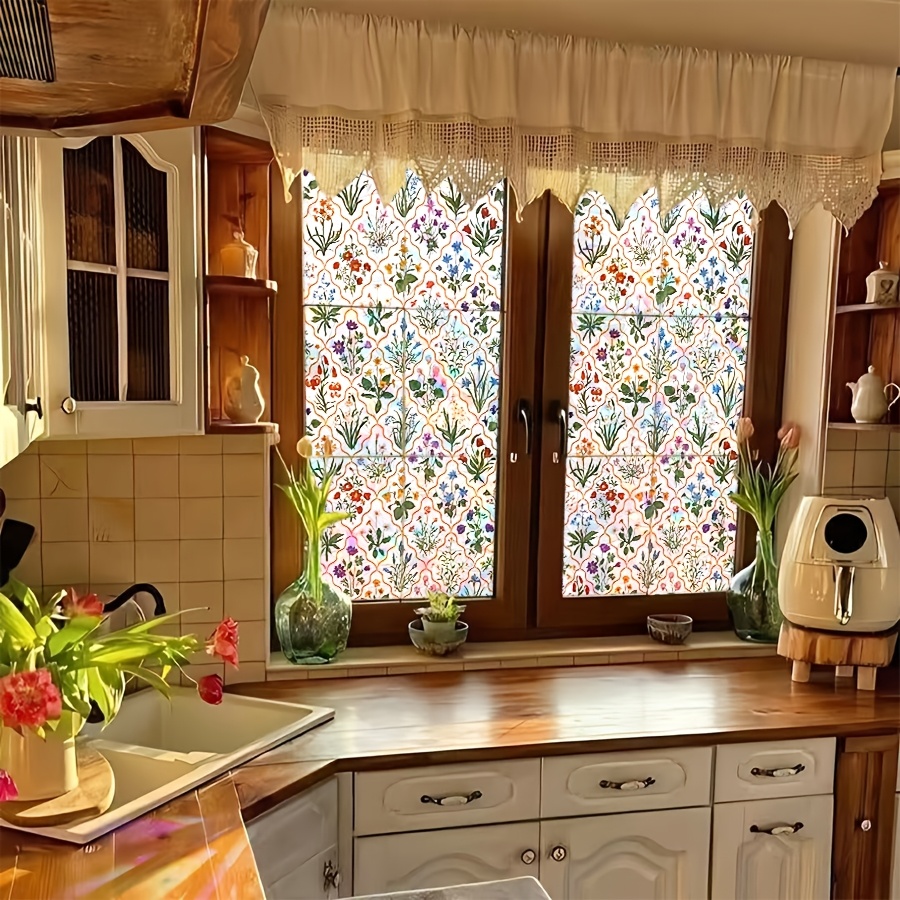 TEMU 1 pièce Autocollant pour verre nouveau style, de main colorée ensoleillée avec motif de fleurs, Film de confidentialité en PVC pour fenêtres et