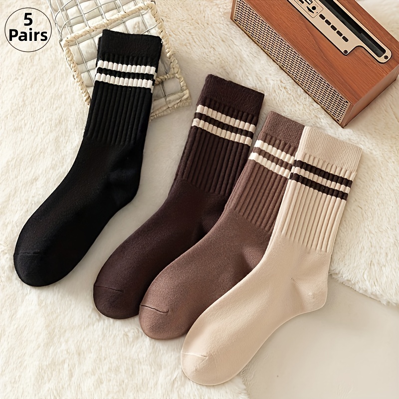 E-shop 5/4/3/2 Paar Braune Doppelband Mid-Calf Socken [Herbst Winter Style] Koreanische Mode Vielseitige Damen Socken
