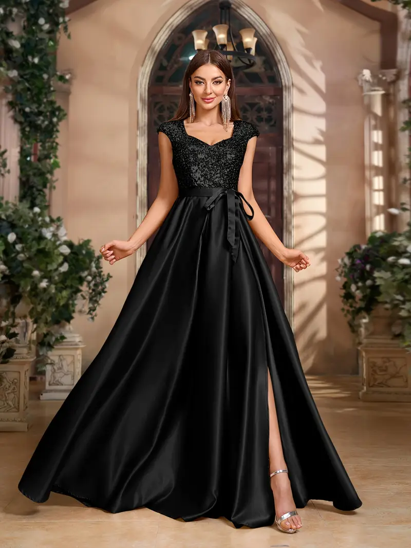birthday bow dress for women QOQ Elegant Big Bow Evening Gown Women Party Formal Dress For High Society Dinners, Galas, Birthday Party Solid Color Sleeveless Deep V Neck Dresses