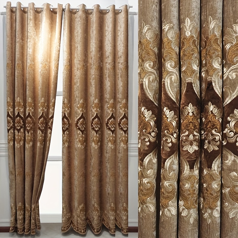 

1 Pair Of European Luxury Embroidered Curtains For Bedroom Chenille Curtains (brown)