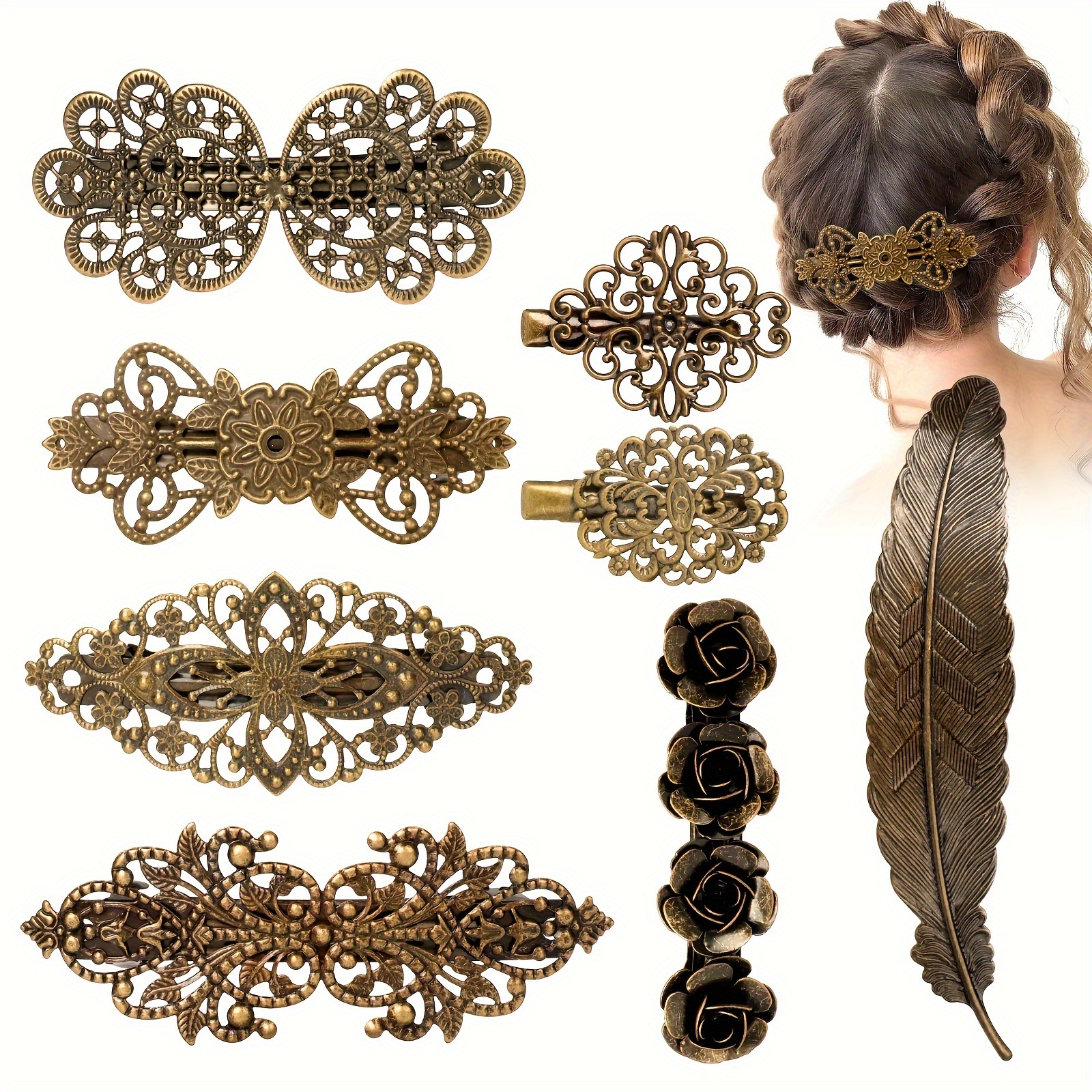 

8pcs Vintage Metal Hair Clips, Bronze Retro French Barrettes, Geometric Hollow Hair Pins, Hair Styling Accessories