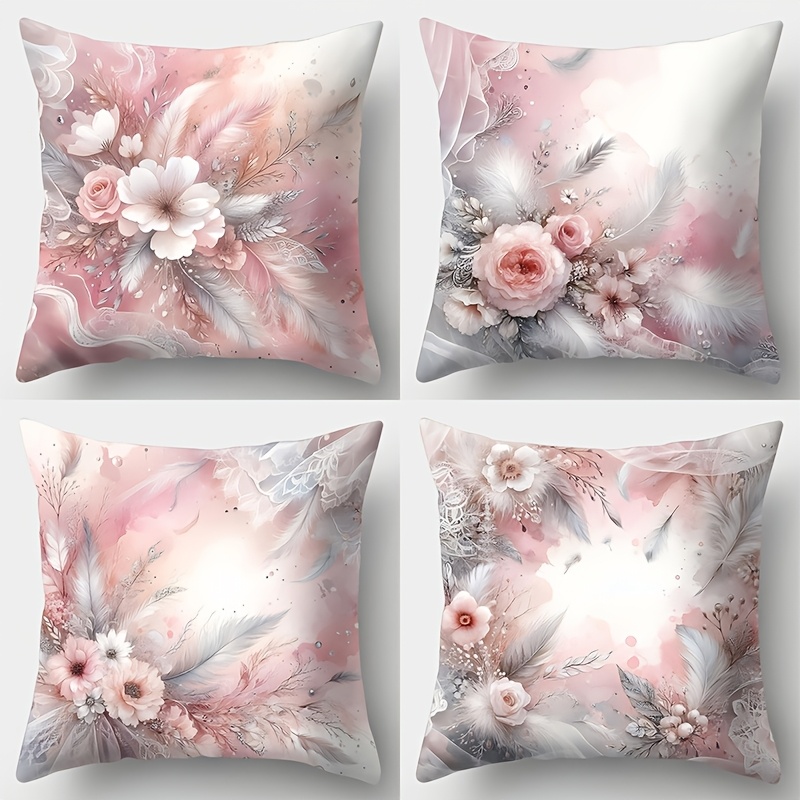 

4pcs Set, Sofa Pillowcase, Pink Flowers, Feather Pillowcase, 17.7"*17.7", Printed On , Home Decoration, Sofa Waist Cushion Cover, Pillowcase Without Pillow Core