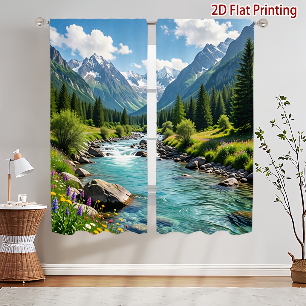 TEMU [ Product] 2pcs Mountain And Floral Print Curtains, Soft Light, Privacy Protection, Pocket Rod Installation Suitable For Living Room, Kitchen,
