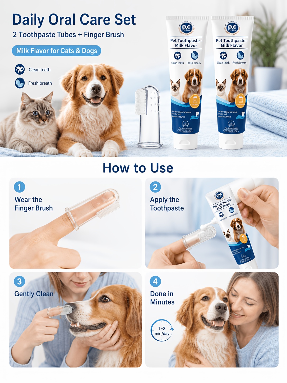 3pcs Pet Toothpaste Set - Specially Designed for Puppies And Kittens, Gently Cleans Teeth, Freshens Breath, And Protects Delicate Gums with a Mild Formula, Suitable for Safe Daily Care of Senior Pets As Well