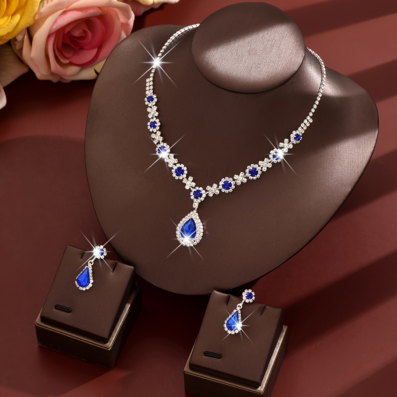 Modieuze 2-delige Ketting en Oorbellen Set, Luxe Strass Waterdruppel Hanger | High-End Sieraden | Party/Banket/Bruiloft Accessoires