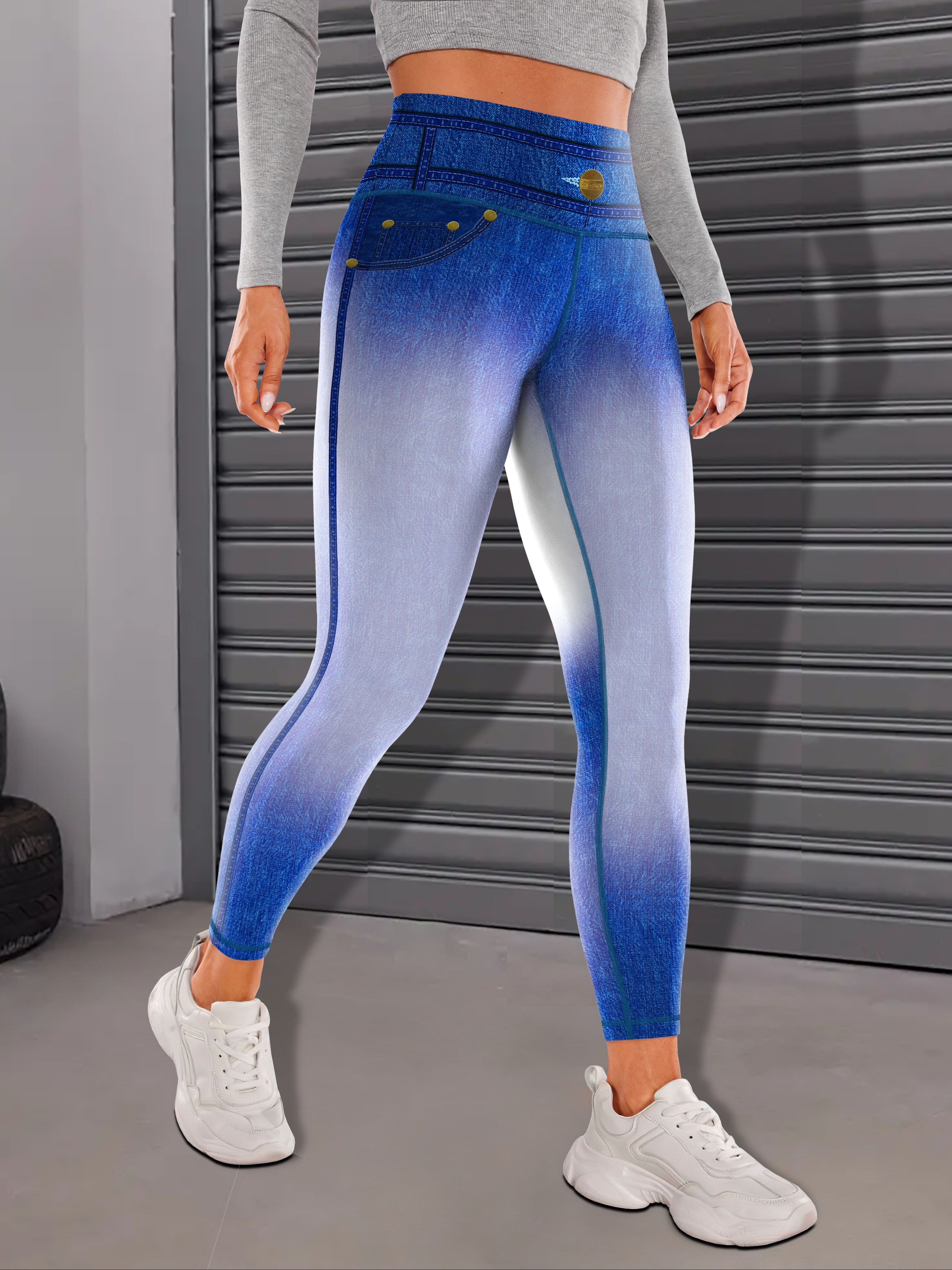 Simulation Jeans Faux Denim Print Gradient Yoga Leggings - Temu