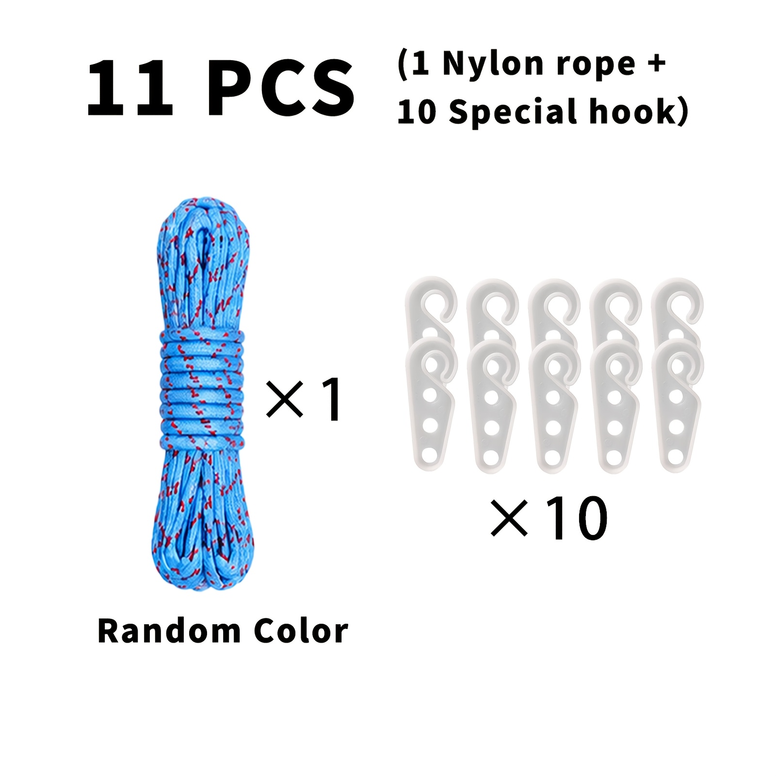 TEMU 10 Meters/393.7 Inches Random Color Nylon Rope And 10pcs Special Hooks Set, Used For Securing And Dragging Items, Outdoor Camping Premium Thick