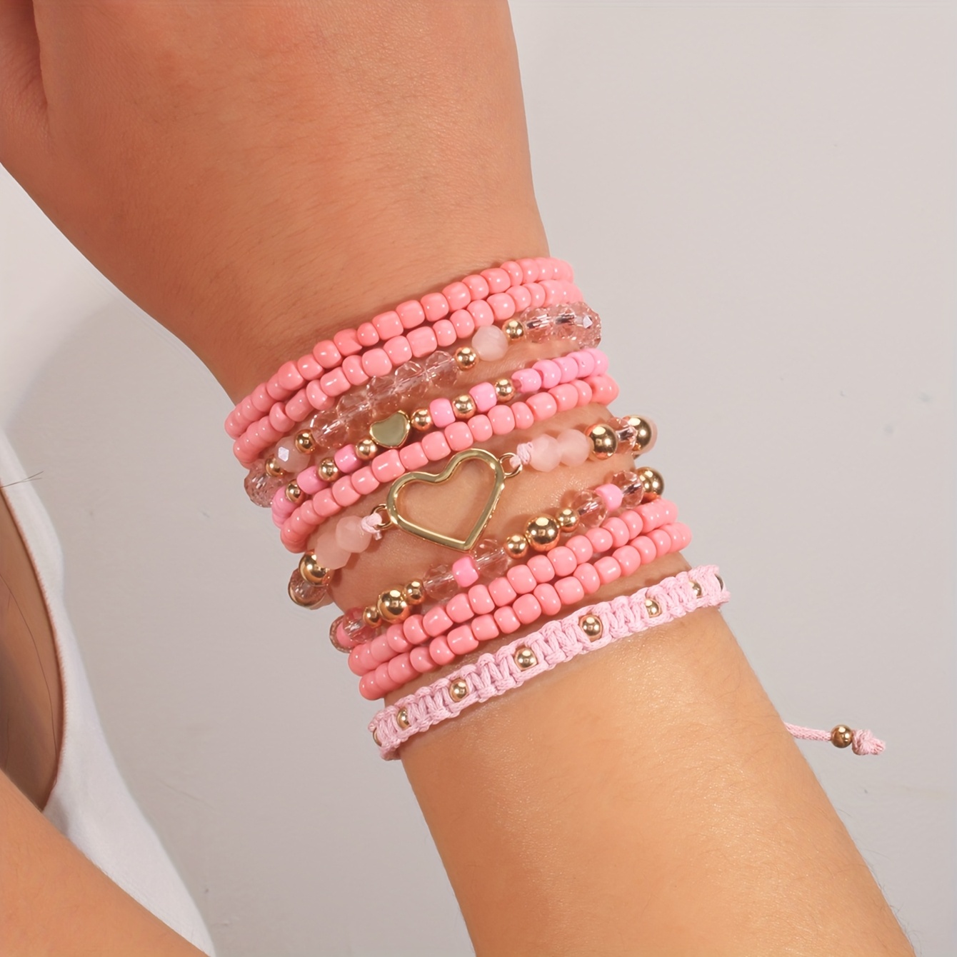 Y2K Pink Heart Charm Bracelet Set 10pcs