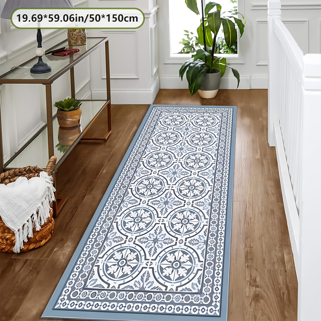 TEMU Golden Diamond Velvet + 800g/m² + Dotted Plastic Backing. New Release: Nordic Gray-blue Round Floral Pattern Runner Rug For Home Decor And