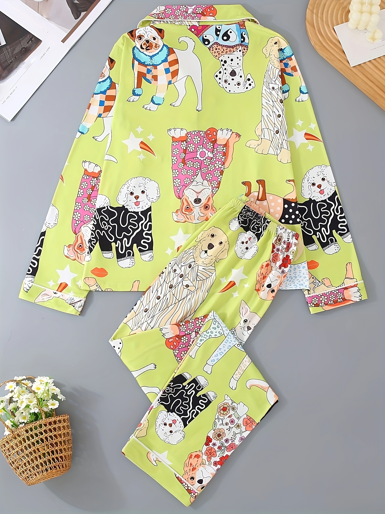 cute cartoon dog print   long sleeve button up collar top and pants casual and comfortable loose   for wearing at home womens two piece pajama set Product details 0