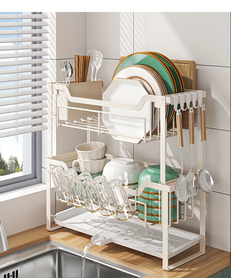 space saving dish rack with drain tray hooks utensil holders multifunctional kitchen organizer for dishes cups knives forks chopsticks Product details 8